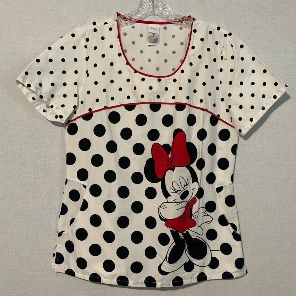 Disney Minnie Mouse Scrub Top Size Small Polka Dots Dentist Black White
